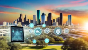 AI technology visualized over Houston skyline with rental data and property dashboards.