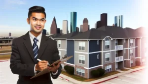 Houston property manager inspecting a residential building with city skyline in background
