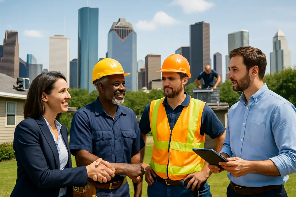Houston property managers working with tradespeople on property maintenance with city skyline in the background.