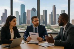 A property management team in Houston planning rental strategies in an office with city skyline views, reflecting professional management amid regulatory considerations