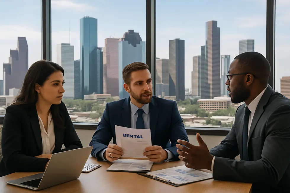 A property management team in Houston planning rental strategies in an office with city skyline views, reflecting professional management amid regulatory considerations