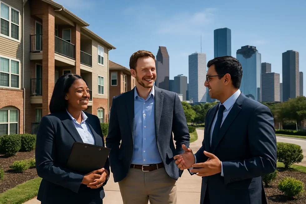 A professional property management team in Houston discussing strategies outside an apartment complex.