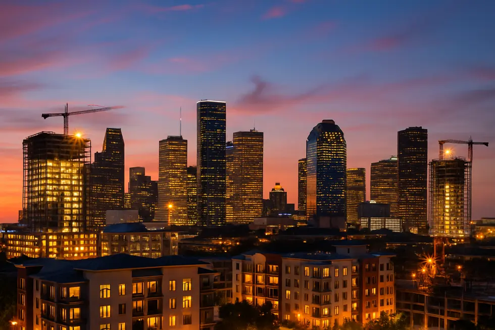 A photorealistic image of Houston's skyline showing new residential developments and construction reflecting federal housing growth.
