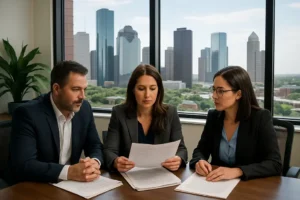 A professional property management team working in an office overlooking Houston skyline, reviewing legal documents.