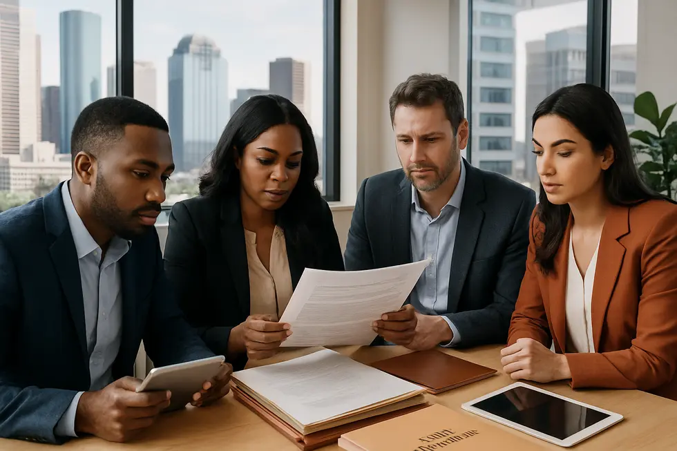 Property investors reviewing legal documents related to new eviction laws in Houston.